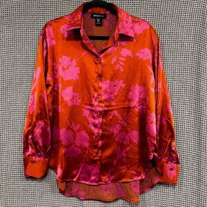 Bailey 44 Satiny Fuschia & Orange Floral Botanical Button Top in Medium